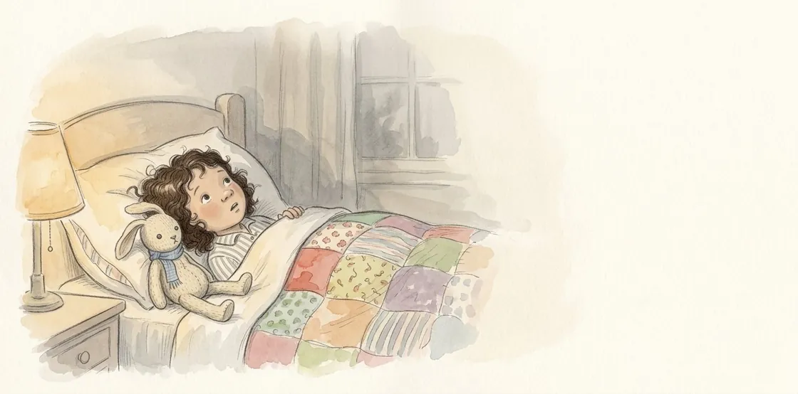 Ada lies awake in bed under a patchwork quilt, with Biscuit beside her.