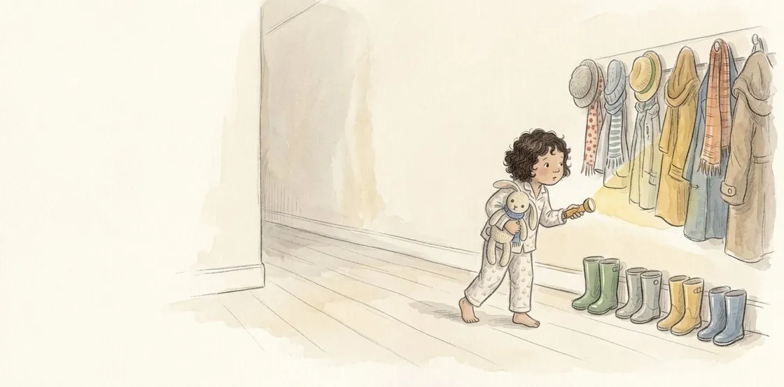 Ada holds Biscuit and shines a torch along a row of coats and wellies.