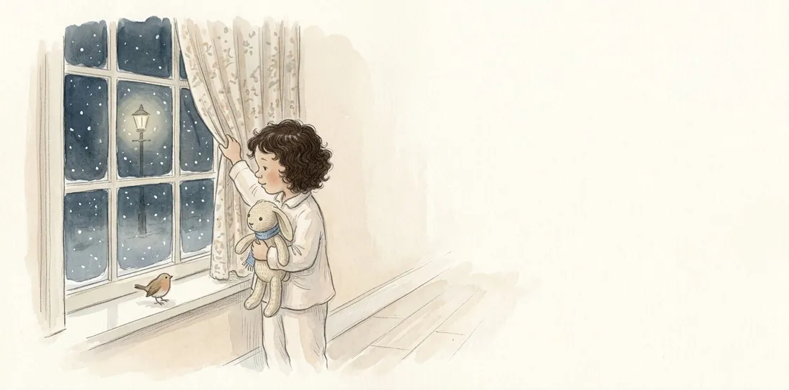 Ada opens the curtain on a snowy night, with Biscuit in her arms.