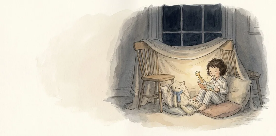 Ada reads by torchlight in a blanket den, with Biscuit on a cushion.