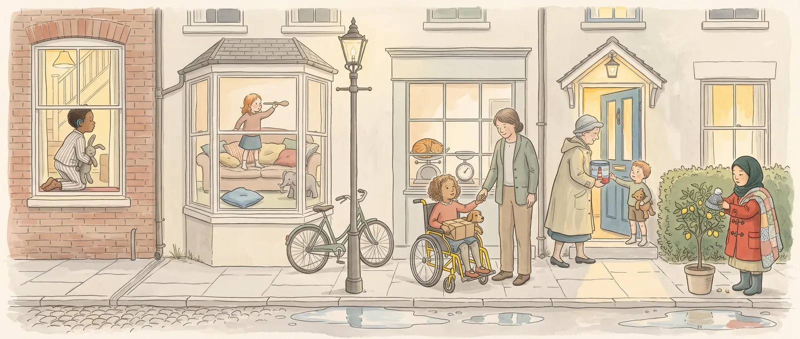 A street of houses in soft pencil and watercolour, just after rain. In one window a boy with hearing aids kneels on a window seat with a toy rabbit; in a bay window a girl stands on a sofa like a ship's deck; outside the post office a girl in a yellow wheelchair holds a parcel and a grown-up's hand while a cat sleeps on the scales inside; at a blue door a grandmother arrives with a lighthouse tin; in a front garden a girl in a hijab puts a knitted hat on a little lemon tree.