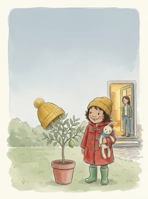 A sample picture. A small lemon tree in a pot wears a woolly bobble hat in a frosty garden, beside a child holding a knitted rabbit, while a grown-up watches from the kitchen door.