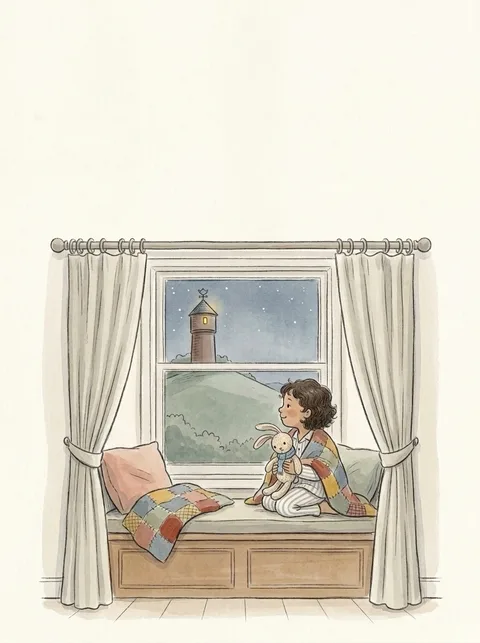 A sample picture. A child on a window seat, wrapped in a patchwork quilt with a knitted rabbit, looks out at a hill with a water tower at night.