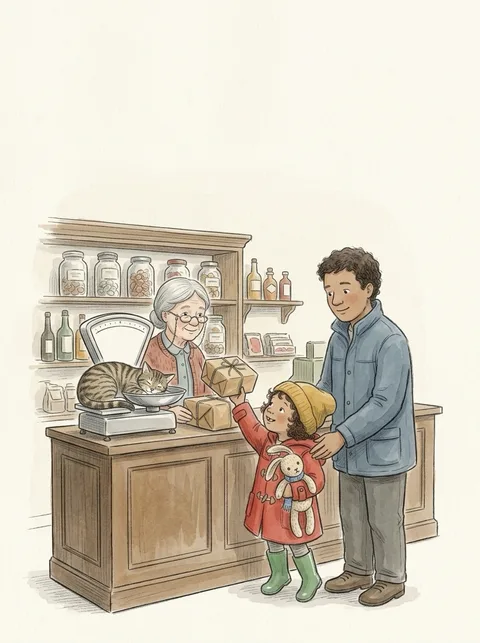 A sample picture. A child on tiptoe at a post office counter with a parcel and a knitted rabbit, a grown-up beside her, and a cat asleep on the parcel scales.