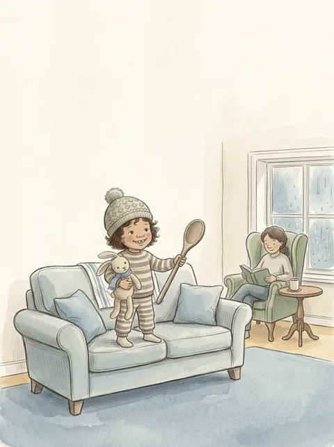 A sample picture. A child stands on a sofa steering with a wooden spoon, a knitted rabbit under one arm, while a grown-up reads in an armchair on a rainy afternoon.