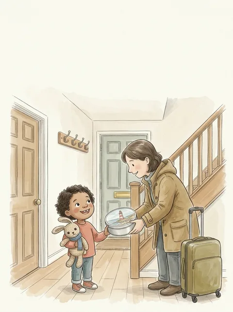 A sample picture. A child holding a knitted rabbit looks up at a visitor holding a round tin with a lighthouse on the lid, beside a suitcase in the hall.